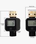 Water Flow Meter With Brass Inlet For Hose And RV Tank Fill showing digital display and dimensions.