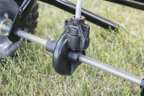 Close-up of gear mechanism on Pro Push Broadcast Spreader 85 Lb Capacity With Durable Plastic Hopper, Corrosion-Resistant And Made In USA