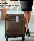Woman with suitcase, Inflatable Travel Pillow With 3D Eye Mask And Earplugs, portable bag attached, ultra comfy neck support.