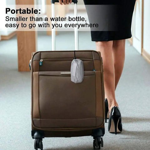 Woman with suitcase, Inflatable Travel Pillow With 3D Eye Mask And Earplugs, portable bag attached, ultra comfy neck support.