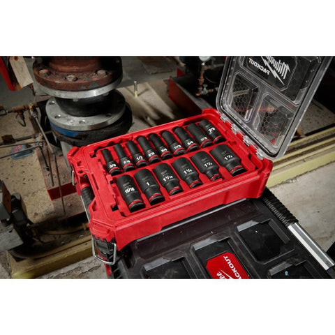 Shockwave Impact Duty Half Inch Drive Socket Set SAE Fifteen Piece DT 49 66 6802 in red and black ergonomic box on workbench
