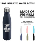 Solid Bulk Set Of One Hundred Custom 17 Oz Stainless Steel Water Bottles Double Wall Insulated And Totally Leakproof With Dope Custom Graphics For Sports And Outdoor Adventures Printed In Usa, navy blue water bottle with customizable design.