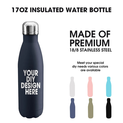 Solid Bulk Set Of One Hundred Custom 17 Oz Stainless Steel Water Bottles Double Wall Insulated And Totally Leakproof With Dope Custom Graphics For Sports And Outdoor Adventures Printed In Usa, navy blue water bottle with customizable design.