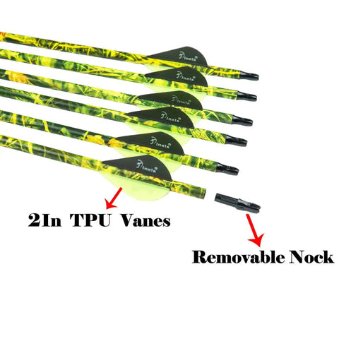 Carbon Hunting Arrows For Compound And Recurve Bow, 28 Inch Shafts With 300 340 350 400 Spine, Practice Target Arrows Pack Of 12, Camouflage Finish And Replacement Inserts, showing 2-inch TPU vanes and removable nocks.