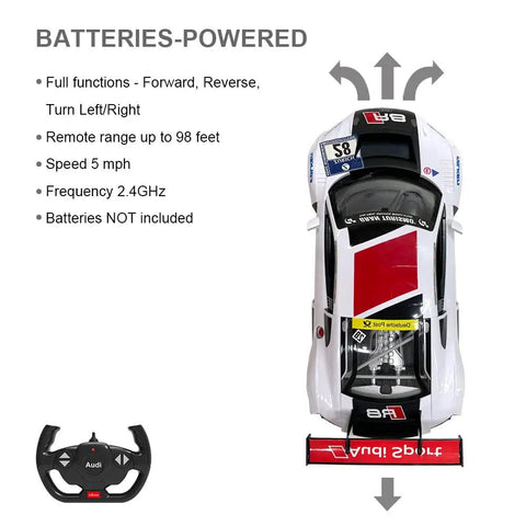 Top view of Audi R8 LMS Style Remote Control Car 1 14 Scale High Speed RC Toy For Adults Kids Full Function Forward Reverse Left Right On Flat Surfaces Officially Licensed By Audi AG with remote.