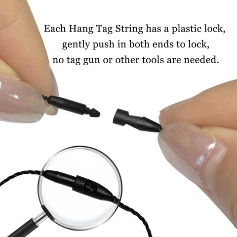Premium Black Nylon Hang Tag Strings Featuring Slick Snap Lock Fasteners for easy pricing attachment without tools.