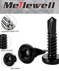 Pro Spec Number 12 X 3/4 Inch Pan Head Self Drilling Screws, Black 410 Stainless Steel Sheet Metal Fasteners With Phillips Drive, Built Like A Tank And Zero Hassle, 50 Pack close-up of pan head and drill tip.
