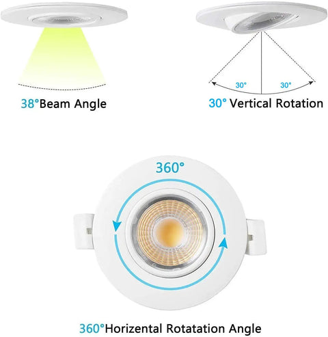 Diagram of Three Inch Gimbal LED Recessed Light With Dimmable Canless Design EZ Install 8W Color Temperature Selectable showing rotation angles