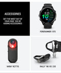 Image showing accessories like the Varia RCT715, Forerunner 970 watch, and Rally RK 110 pedal for GPS cycling computers.