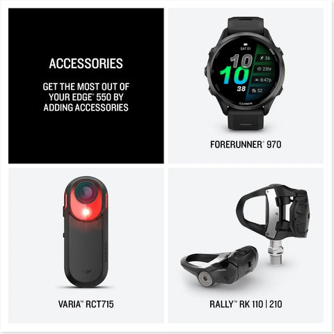 Image showing accessories like the Varia RCT715, Forerunner 970 watch, and Rally RK 110 pedal for GPS cycling computers.