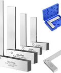 Set of four carbon steel machinist squares in 2, 3, 4, and 6 inches with 90-degree L-angles and a blue carrying case.