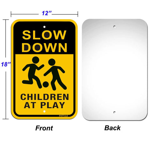 Front and back view of the Slow Down Sign for Kids at Play 2 Pack Aluminum Safety Caution Signs for Street Yard and Neighborhoods 18 by 12 Inches Black and Yellow Reflective UV Coated Outdoor Signs