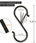 Close-up view of a single S hook with safety buckle, showing dimensions, from the Eight Pack Three Point Five Inch Heavy Duty S Hooks With Safety Buckle Rust Proof Coated Metal Hanging Hooks For Pots Pans Kitchen Utensils Plants Clothes Bags Indoor Outdoor Use.