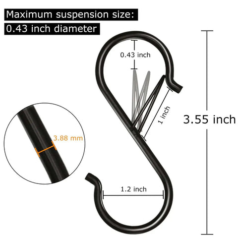 Close-up view of a single S hook with safety buckle, showing dimensions, from the Eight Pack Three Point Five Inch Heavy Duty S Hooks With Safety Buckle Rust Proof Coated Metal Hanging Hooks For Pots Pans Kitchen Utensils Plants Clothes Bags Indoor Outdoor Use.
