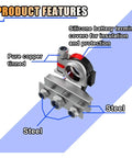 Product features of 2 Pack 3 Way Battery Terminal Connectors including silicone covers, pure copper tinned, and steel components.