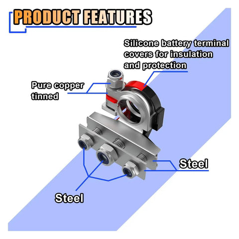 Product features of 2 Pack 3 Way Battery Terminal Connectors including silicone covers, pure copper tinned, and steel components.