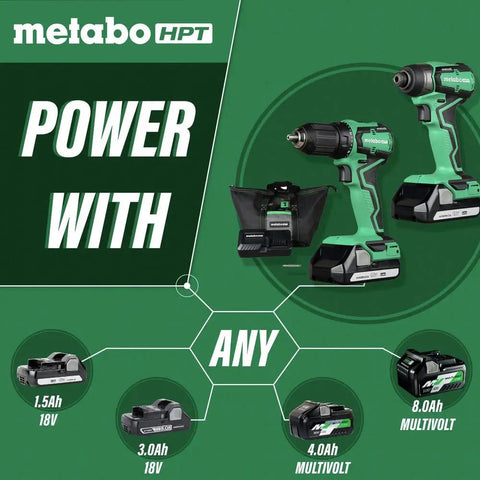 Cordless 18V Drill And Impact Driver Combo Kit with battery options and carrying bag showcased together on a green background.