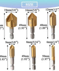 Six Piece 90 Degree HSS Countersink Drill Bit Set With One Quarter Inch Hex Shank For Wood, Pro Grade, Five Flute Countersinks