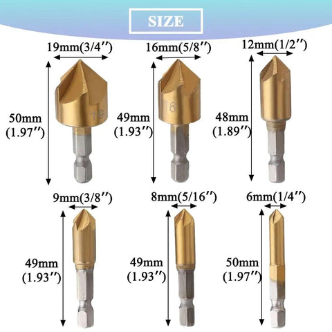 Six Piece 90 Degree HSS Countersink Drill Bit Set With One Quarter Inch Hex Shank For Wood, Pro Grade, Five Flute Countersinks