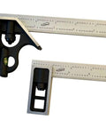 Square Set Including 4 Inch Double Square and 6 Inch Combination Square with 4R Steel Blade Heavy Duty Precision Ground Satin Chrome Blade Machined Cast Head Bubble Level Two and a Half Inch Base Protective Case Perfect for Woodworking displayed flat on white background