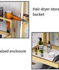 Close-up of shelving with hair dryer storage bucket and raised enclosure on a Shop-Ready Mobile Rolling Metal Storage Cabinet.
