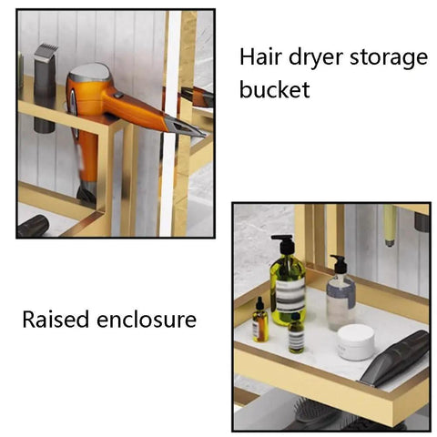 Close-up of shelving with hair dryer storage bucket and raised enclosure on a Shop-Ready Mobile Rolling Metal Storage Cabinet.