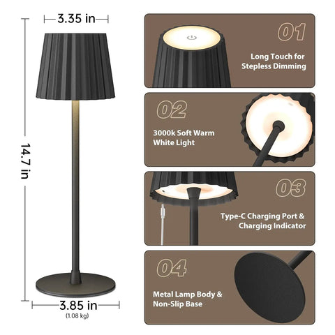 2 Pack Rechargeable Cordless Table Lamps With 3000K Dimmable Warm Light, No Fuss Touch Switch And Stepless Dimming, Battery Powered, IP54 Waterproof features and dimensions