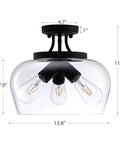 Industrial Semi Flush Mount Ceiling Light With Clear Glass Shade In Matte Black Finish, 13.8 Inch Diameter, close-up view