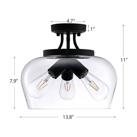 Industrial Semi Flush Mount Ceiling Light With Clear Glass Shade In Matte Black Finish, 13.8 Inch Diameter, close-up view