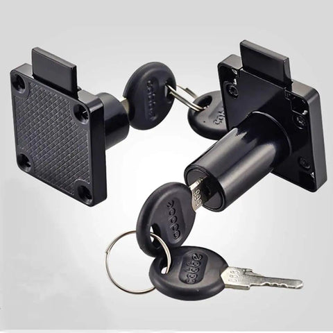 Heavy Duty Cabinet And Drawer Lock 2 Pack For Desks Mailboxes And Jewelry Boxes, black lock set with keys, close-up view