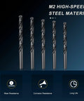 Tough 5 Piece Drill Bit Set With Sizes From 3.4mm To 7.9mm Made Of Top Tier M2 High Speed Steel For Drilling Metal Steel And Wood Smoothly Using Sharp Split Point Design And Durable Black Oxide Finish That Lasts Long. M2 high-speed steel drill bits with wear resistance icons