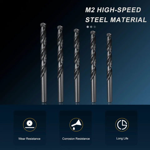 Tough 5 Piece Drill Bit Set With Sizes From 3.4mm To 7.9mm Made Of Top Tier M2 High Speed Steel For Drilling Metal Steel And Wood Smoothly Using Sharp Split Point Design And Durable Black Oxide Finish That Lasts Long. M2 high-speed steel drill bits with wear resistance icons