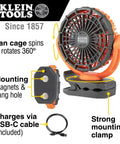 Cordless Rechargeable Fan With USB-C Charging Cord And Multiple Mounting Options For The Jobsite showing 360 degree airflow and clamp