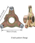 3 bolt pattern flange for 32 Inch Go Kart Rear Live Axle Kit With 420 Sprocket Chain 24T 28T Splines, shown with measurements.