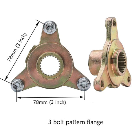 3 bolt pattern flange for 32 Inch Go Kart Rear Live Axle Kit With 420 Sprocket Chain 24T 28T Splines, shown with measurements.
