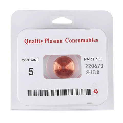 Precision Engineered Plasma Cup Caps Replace 220673 For Thermal Dynamics Cutting Torch And Consumables Set Of 5 Pieces in package.