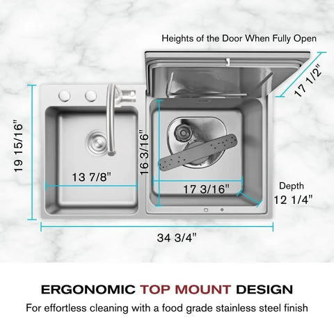 Top-down view of Compact 3 In 1 In Sink Dishwasher With Build In Produce Washer And Pasteurizer; stainless steel dimensions shown.