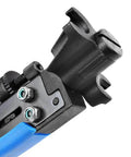 Close-up of Coax Cable Crimping And Stripping Kit for RG6 RG59 RG11 with adjustable stripping blade and anti-slip handle.