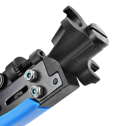 Close-up of Coax Cable Crimping And Stripping Kit for RG6 RG59 RG11 with adjustable stripping blade and anti-slip handle.
