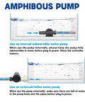 Diagram of Powerhouse 2600 GPH Submersible Pond Pump for internal and external inline use, showing water flow directions.