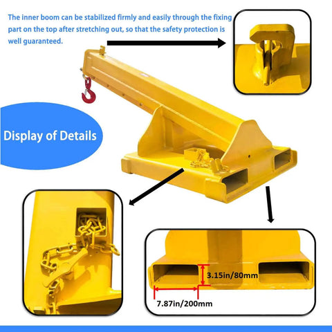 Hella Tough 11000 Pound Forklift Jib Boom Crane With Fully Telescopic Arm and Truss Hoist Hook top view showcasing the hook and dimensions.
