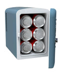 Retro Mini Fridge Cooler 6L Portable Personal Refrigerator For Car Office Dorm Room Bedroom Or Cabin Blue With Vintage Charm Space Saving Design Keeps Snacks Drinks Skincare Within Easy Reach, shown open with six cans inside.