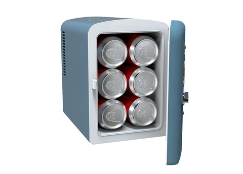 Retro Mini Fridge Cooler 6L Portable Personal Refrigerator For Car Office Dorm Room Bedroom Or Cabin Blue With Vintage Charm Space Saving Design Keeps Snacks Drinks Skincare Within Easy Reach, shown open with six cans inside.