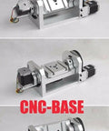 Badass 4 Axis Rotary Attachment For Cnc Routers Featuring Hella Precise 5th A Axis Engraving Upgrades With Rock Solid 8 To 1 Reduction Ratio And Robust 2.8 Amp Stepper Motor Drive System, showing aluminum CNC base and stepper motor.