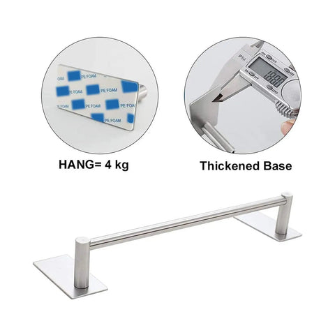 Self Adhesive Bathroom Towel Bar 16 Inch Brushed Nickel Stainless Steel No Drilling Wall Mounted Rack Waterproof Stick On Hanger Modern Bathroom Organizer with adhesive backing and thickened base measurement