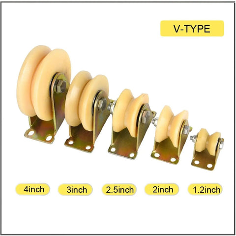 Tough As Nails V Groove Wheel Sliding Gate Casters With Durable Nylon Track Wheel U Type Pulley sizes from 1.2 to 4 inches.