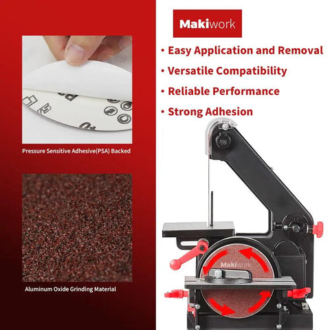 54 Piece Sanding Belts And Discs Combo Kit For 1x30 Belt Sander And 5 Inch Disc Sander shown with PSA disc and sander details