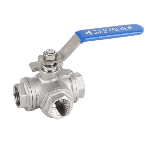 Kickass Heavy Duty One Half Inch 304 Stainless Steel Three Way Ball Valve T Port with blue lever for plumbing connections.