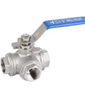 304 Stainless Steel Three Way Ball Valve One Half Inch Female Thread with blue lever for industrial piping.