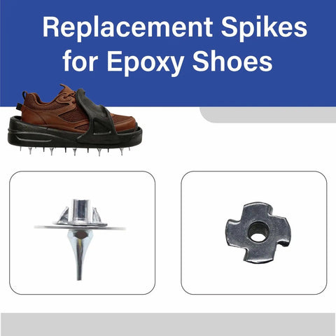 32-Piece Epoxy Spiked Shoes Replacement Spikes Kit with nuts and washers for epoxy flooring and resinous coatings, sharp spikes detail